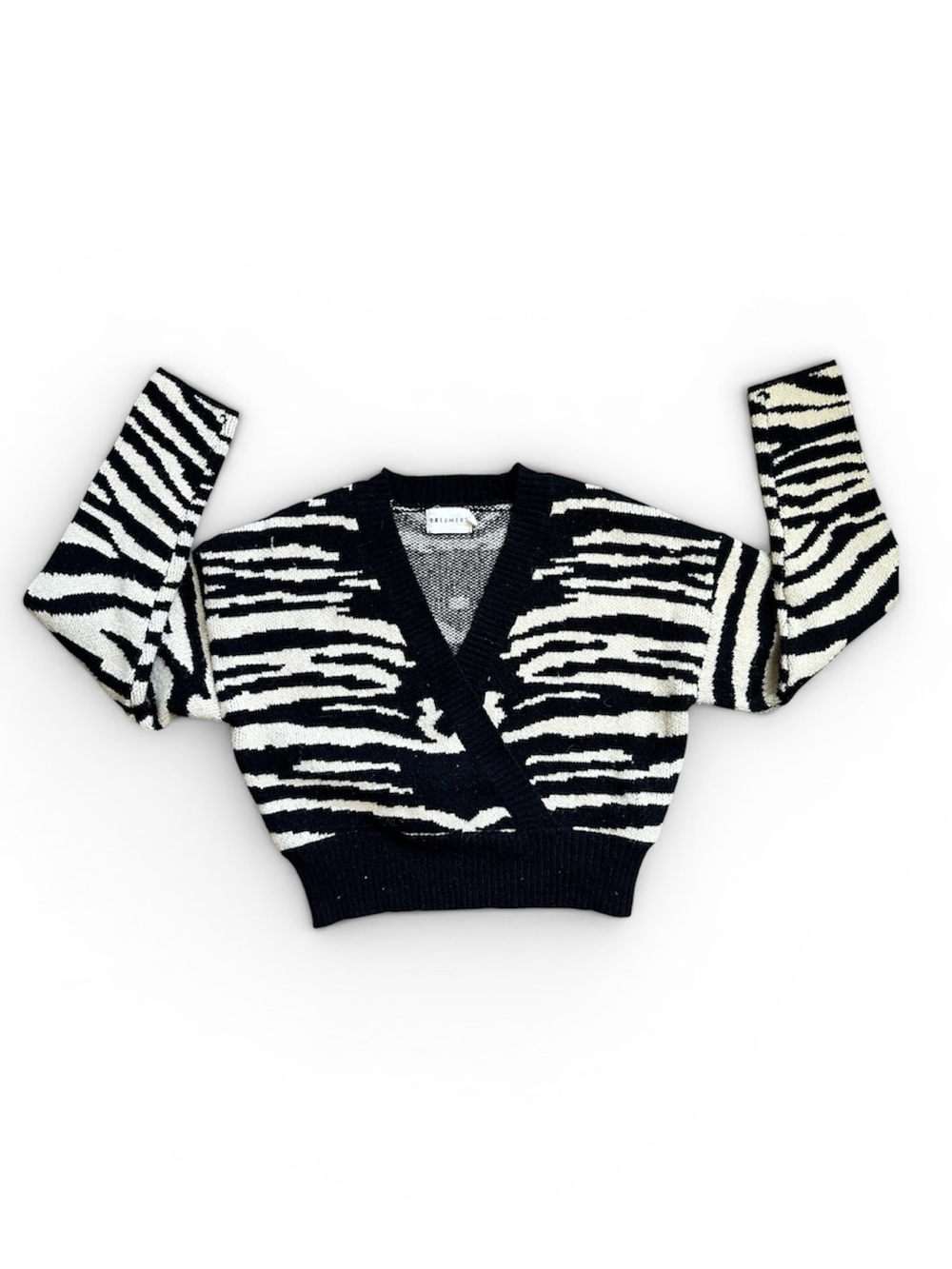 Dreamers Zebra Print Cropped Sweater Size Small Black White V-Neck Knit